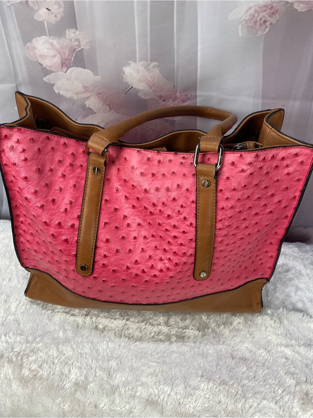 Women's Pink Faux-Ostrich Tote Bag with Tan Accents